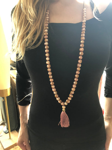 Long Freshwater Pearl Dusty Rose Tassel Necklace