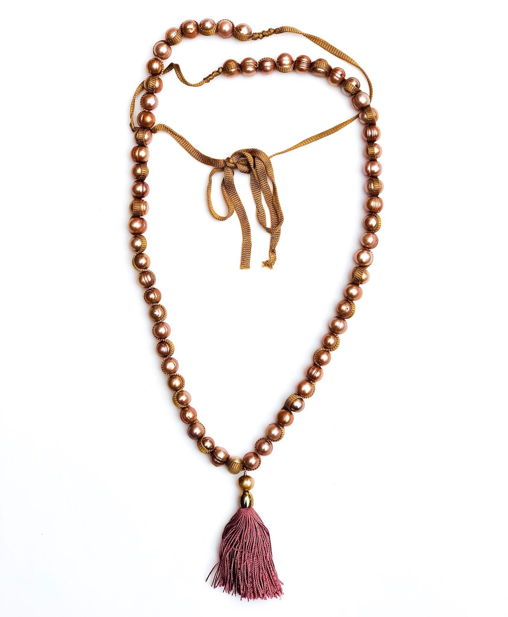 Long Freshwater Pearl Dusty Rose Tassel Necklace