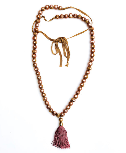 Long Freshwater Pearl Dusty Rose Tassel Necklace